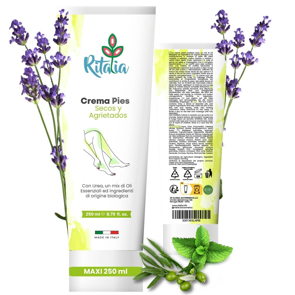 Grande 250ml CREMA PIES SECOS Y AGRIETADOS con UREA al 27% Ritalia® ingredientes BIO hidratante reparadora pies, grietas talones, callos, codos y sabañones Made in Italy Repair para pies cansados