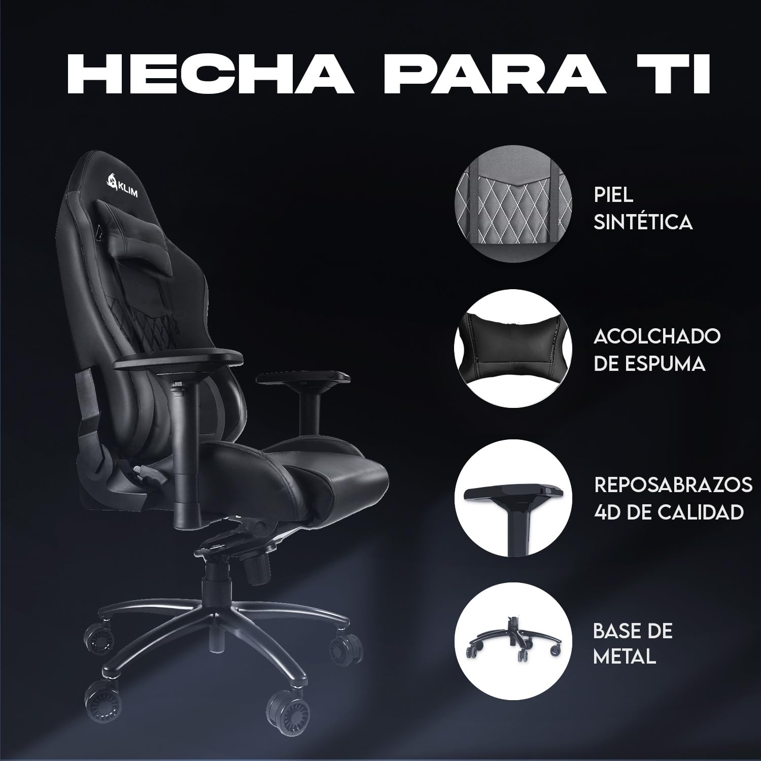 KLIM Esports Silla Gaming Ergonómica + con Soporte Lumbar y Cervical + Reclinable + Silla de Escritorio Ajustable + Piel Sintética y Materiales Premium + Silla Gamer Negra [Nueva VERSIÓN]