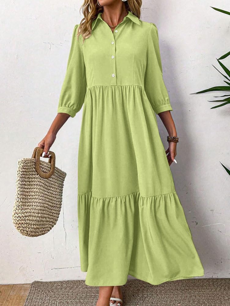 chouyatou Women's Casual Button Up Polo Collar Shirt Dress 3/4 Sleeve Ruffle Tiered Maxi Long Dress - Image 5