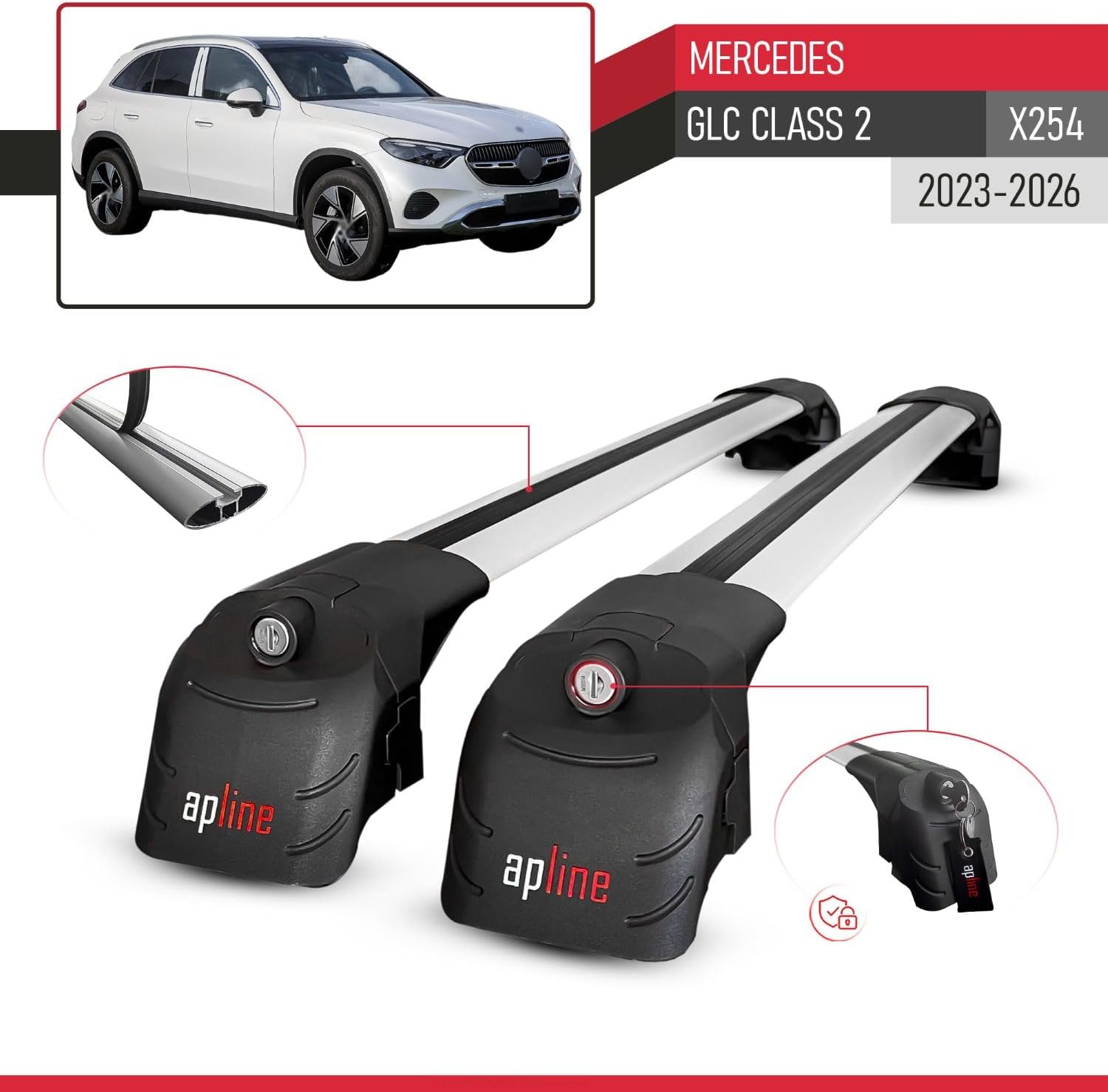 Compatible with Mercedes GLC Class 2 (X254) 2023-2026 ACE-2 Type Car Roof Rack Cross Bar Grey Aluminium Bars