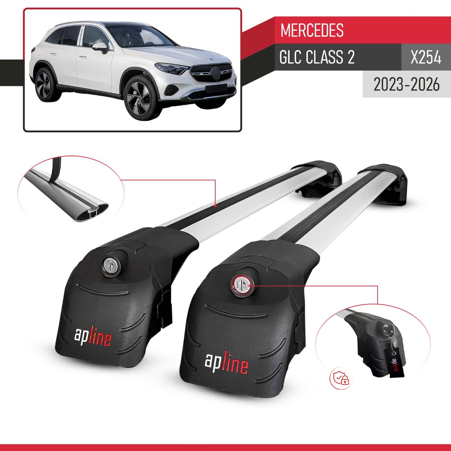 Compatibile con Mercedes GLC Class 2 (X254) 2023-2026 Modello ACE-2 Barre Tetto Portapacchi Auto Barre Portatutto Grigio Alluminio 2 Barre