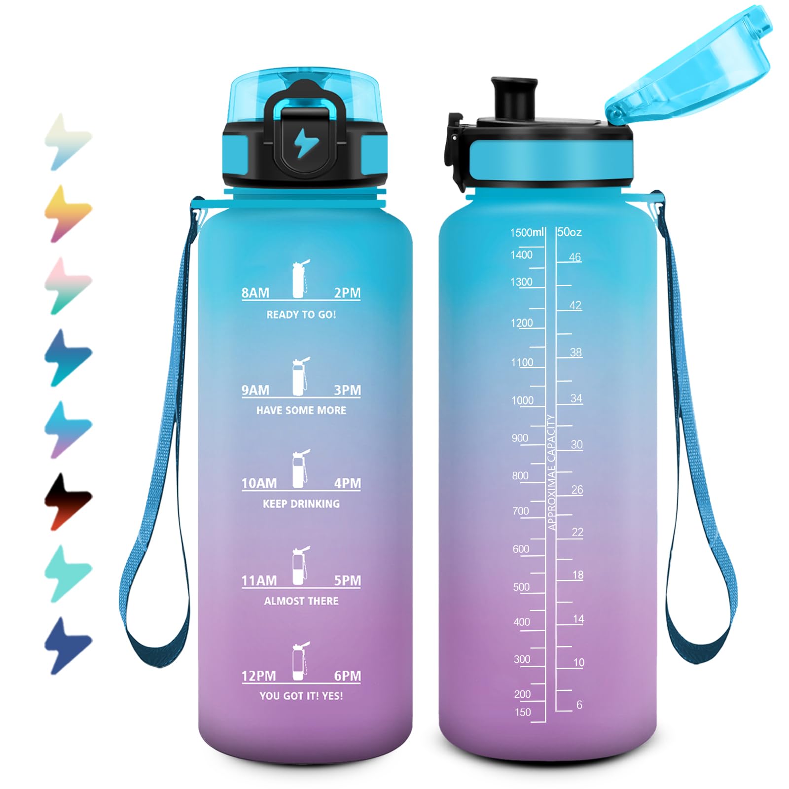 Water Bottle 1.5 L, Motivational Water Bottle with Time Marking, Sports Water Bottle with Filter, Leak-Proof, Suitable for Carbonated Drinks, Sports Bottle for Cycling, Bike, Climbing, Gym