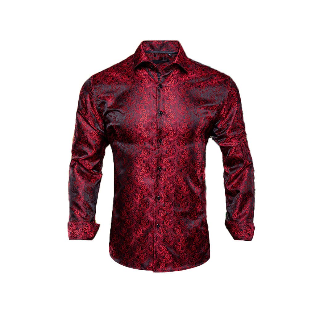 Langarm-Seidenhemden für Herren, männliches Outwear-Hemd, schmale Passform, florales Paisleymuster, goldfarben, blau, rot, lila, burgunderrot