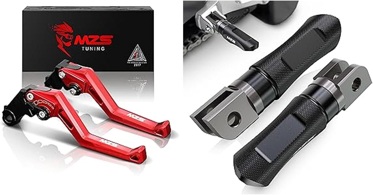 MZS Red Motorcycle Clutch Brake Levers Short Adjustable + Motorcycle Front Foot Pegs, Adjustable Sport Footpegs Compatible with CBR650R CB650R CBR650F CB650F
