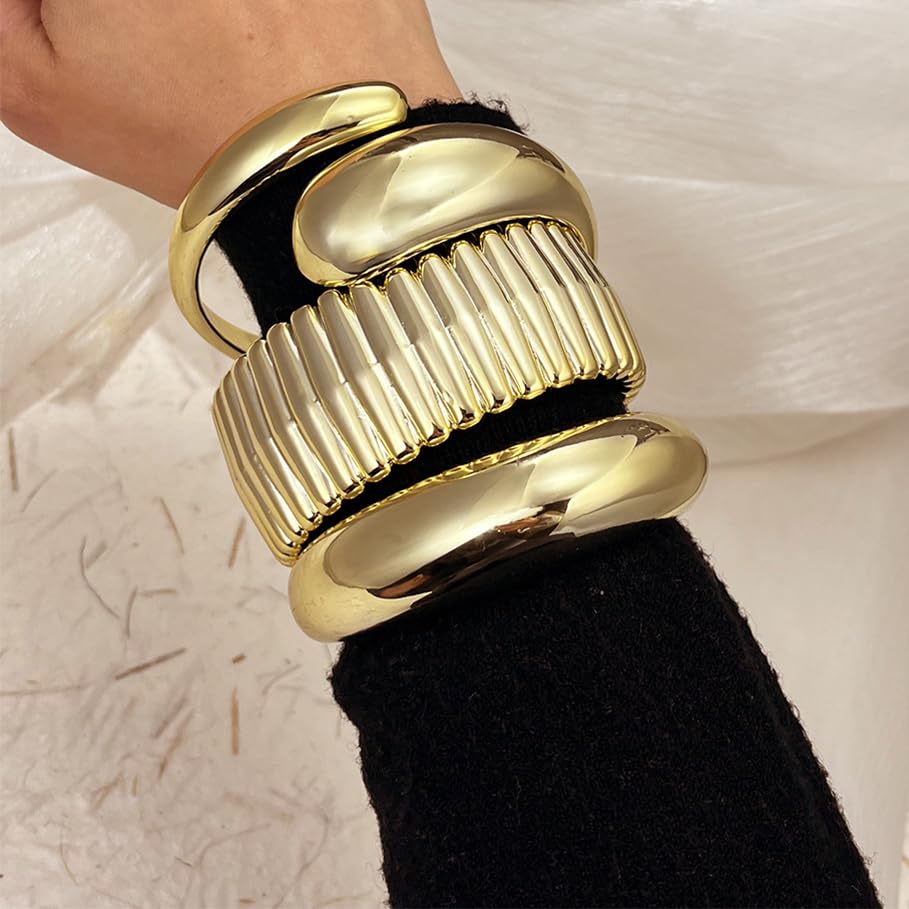 COLOYAN 3PCS Chunky Gold Cuff Bangle Bracelets For Women Teardrop Irregular Bangle Lightweigt Minimalist Open Silver Thick Gold Wrist Cuff Bracelet2