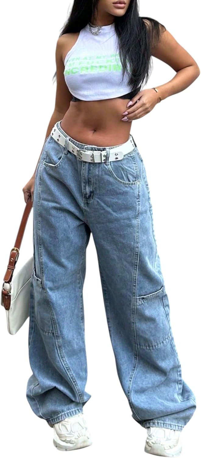 Wide Leg Jeans for Women Y2K Lowrise Patchwork Cargo Baggy Jeans Fashion Denim Pants Streetwear Bottoms