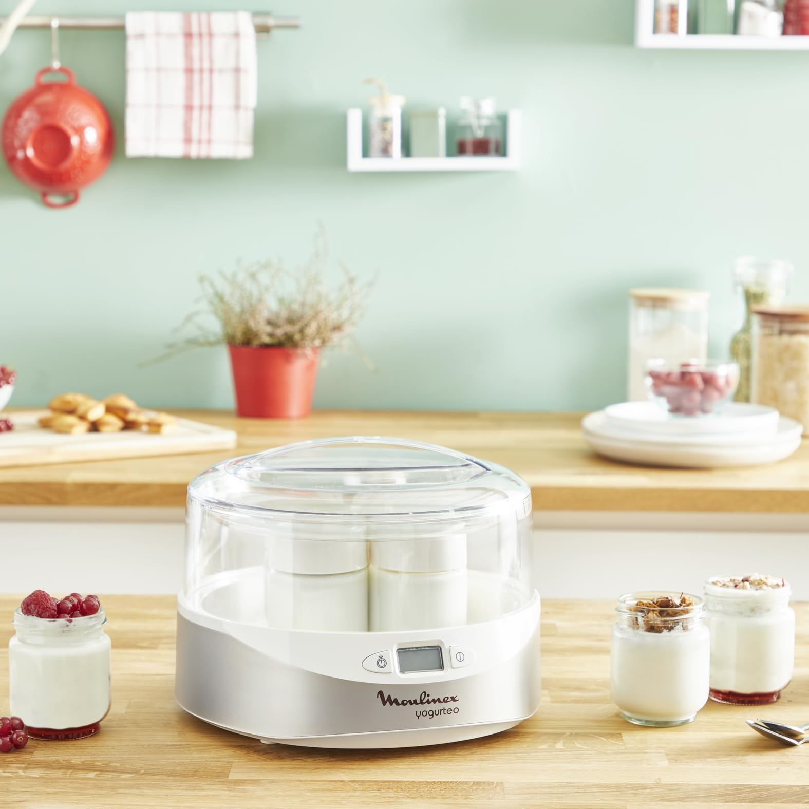 Moulinex Yogurteo - Yogurtera de 7 tarrinas de 160 ml, apta para el lavavajillas, con pantalla display de fácil uso, programable 15 horas, con recetario, función parada automática, YG231E32