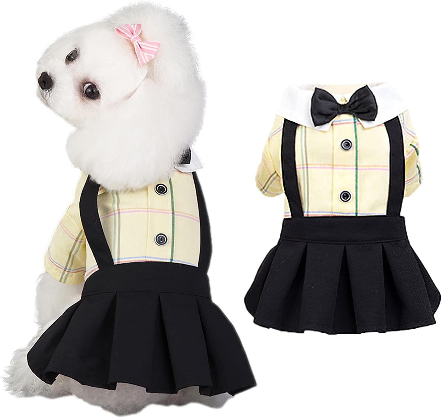 Yellow Dog Overalls Pet Couples Dress Pant Plaid Puppy T-Shirts Jumpsuit Clothes for Small Medium Dogs Cats for Party Birthday, L