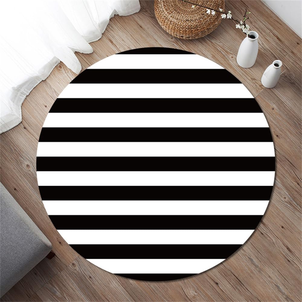 Highdi Alfombras Redondas, Blanco y Negro Tapete Redondo Lavable Antideslizante, Alfombra de Área Redonda Grande para Salón, Sofá, Mesa de Café, Estudio, Dormitorio, Oficina (Raya,80cm)