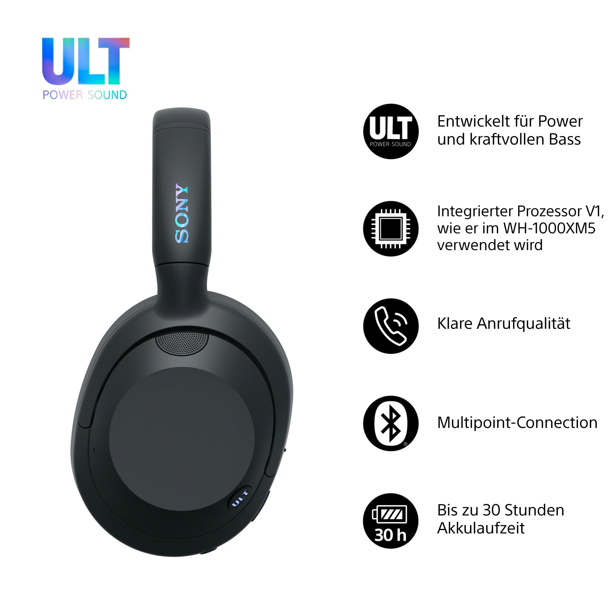 Sony ULT WEAR - Kabellose Kopfhörer mit Noise Cancelling, ULT Power Sound, ultimativer Deep Bass, selbem Prozessor wie WH-1000XM5, klare Anrufe, 30 Stunden Akkulaufzeit, iOS und Android - Schwarz