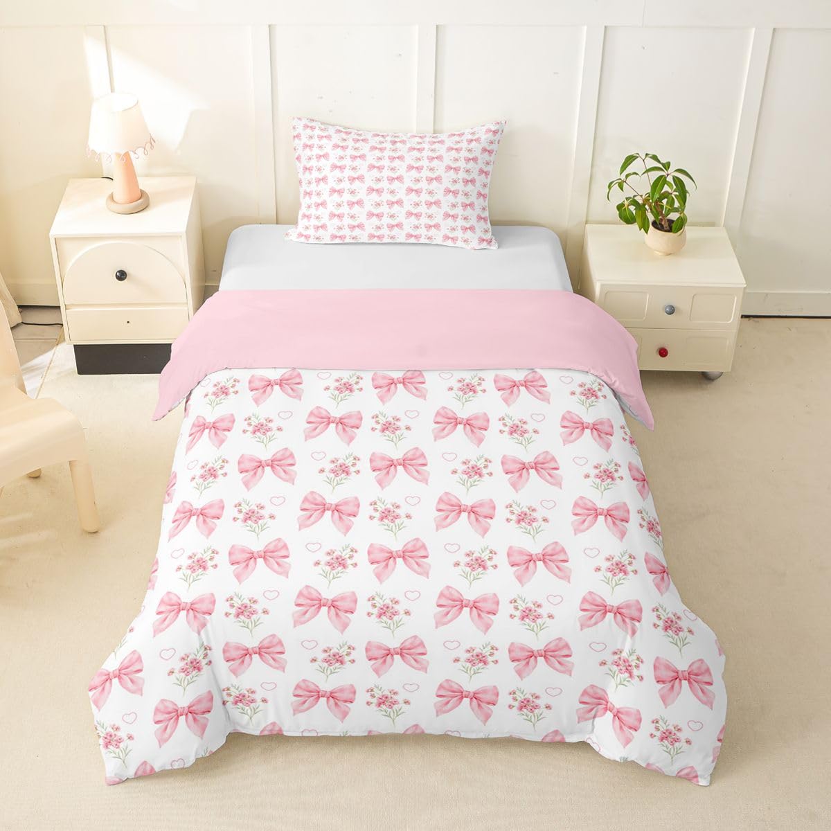 Loussiesd Pink Bow Duvet Cover Junior/Cot Bed Size Cute Flower Bedding Set Breathable Soft Kawaii Bowknot Bedspread 2Pcs Fresh Theme Bedroom Decor Microfiber Zipper Closure — image 1