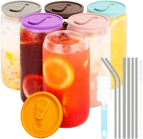 HuaQi - Juego de 6 tazas de vidrio con tapas y pajitas vaso de cerveza con tapas de silicona y popote de metal vasos de 16 onzas taza de café helado disponible en Yaxa Colombia