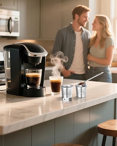 Miniatura 5 de Paquete de 2 tazas K reutilizables para Keurig 1.0  Cápsulas de café reutilizables de acero inoxidable K Cup con cuchara de metal, cepillo y 4