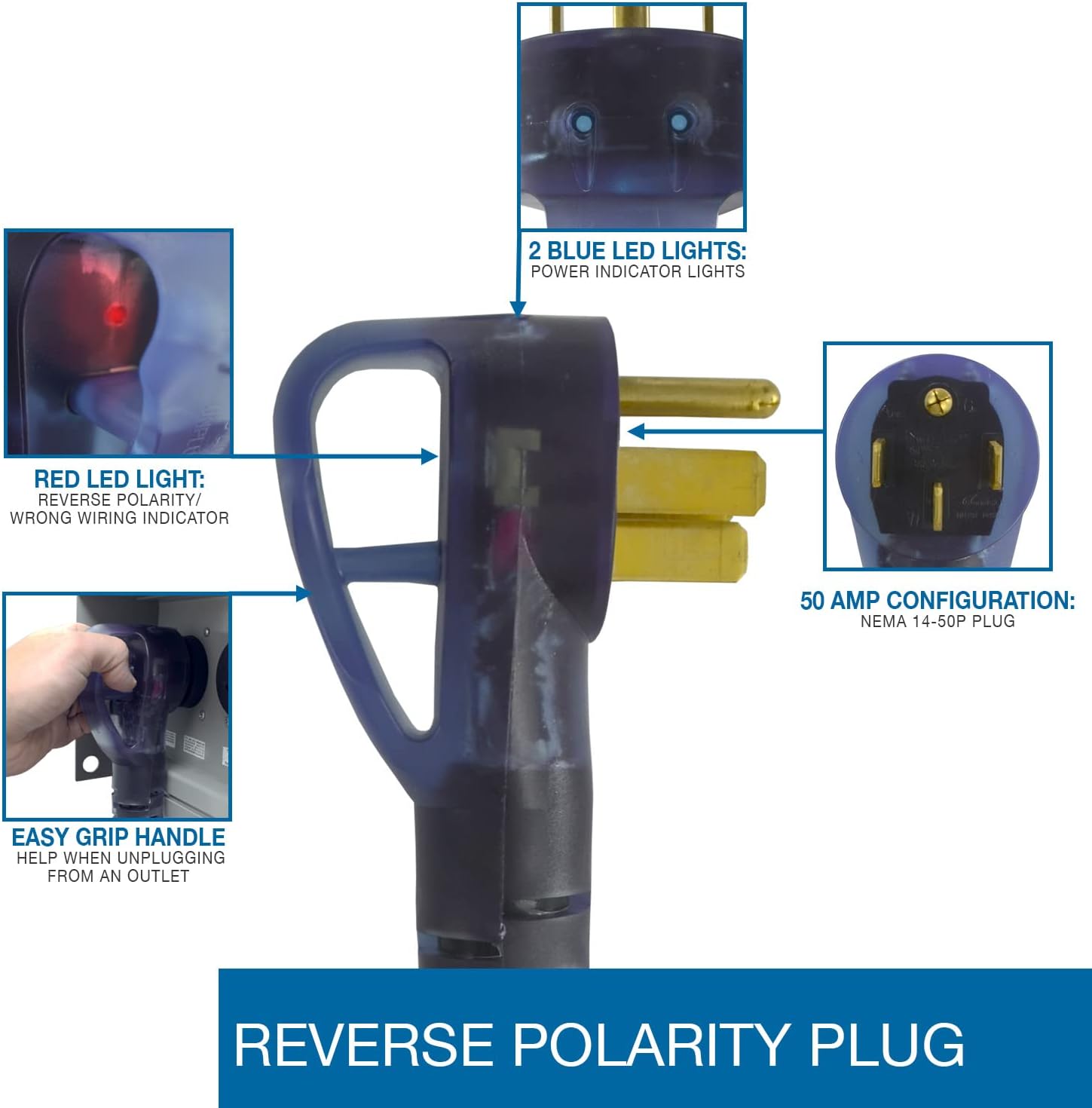 Conntek 50 Amp 30 ft RV/Generator Cord with Reverse Polarity Indicator, Heavy Duty 6/3+8/1 Gauge STW Wire, 14-50P Male and SS2-50R Twist Locking Female for RV Camper and Generator to House