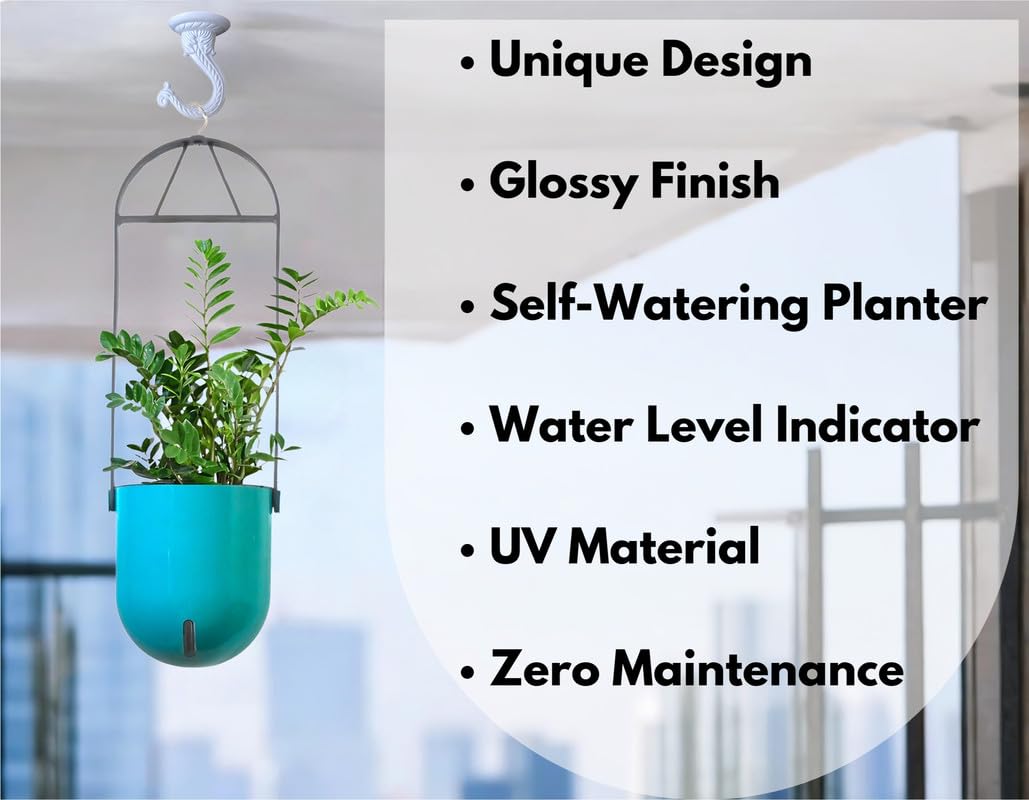 Indian Discovery® Self Watering Ceiling Hanging Planter|Hanging/Hooked Flower Pots for Home, Balcony, Garden Decor Flower Pots(1 Pcs, Sea Green, Sphere)|6 Inch UV-Resistant Plastic Plant Pots 2
