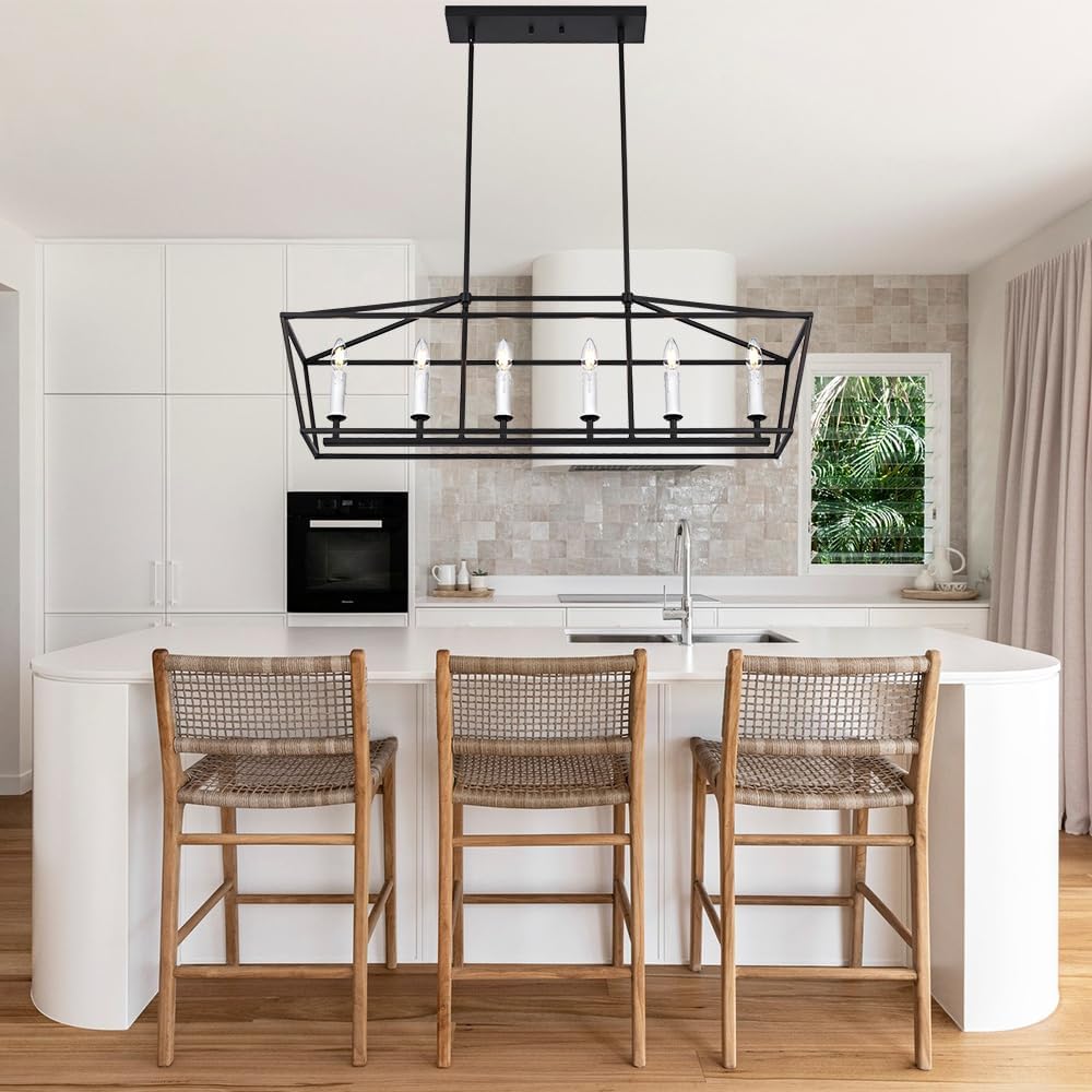 BONLICHT Modern Farmhouse Rectangle Dining Room Light Fixtures Black 6 Light Linear Chandelier Industrial White Kitchen Island Pendant Lighting Classic Ceiling Lights with Adjustable Rods, E12 Base