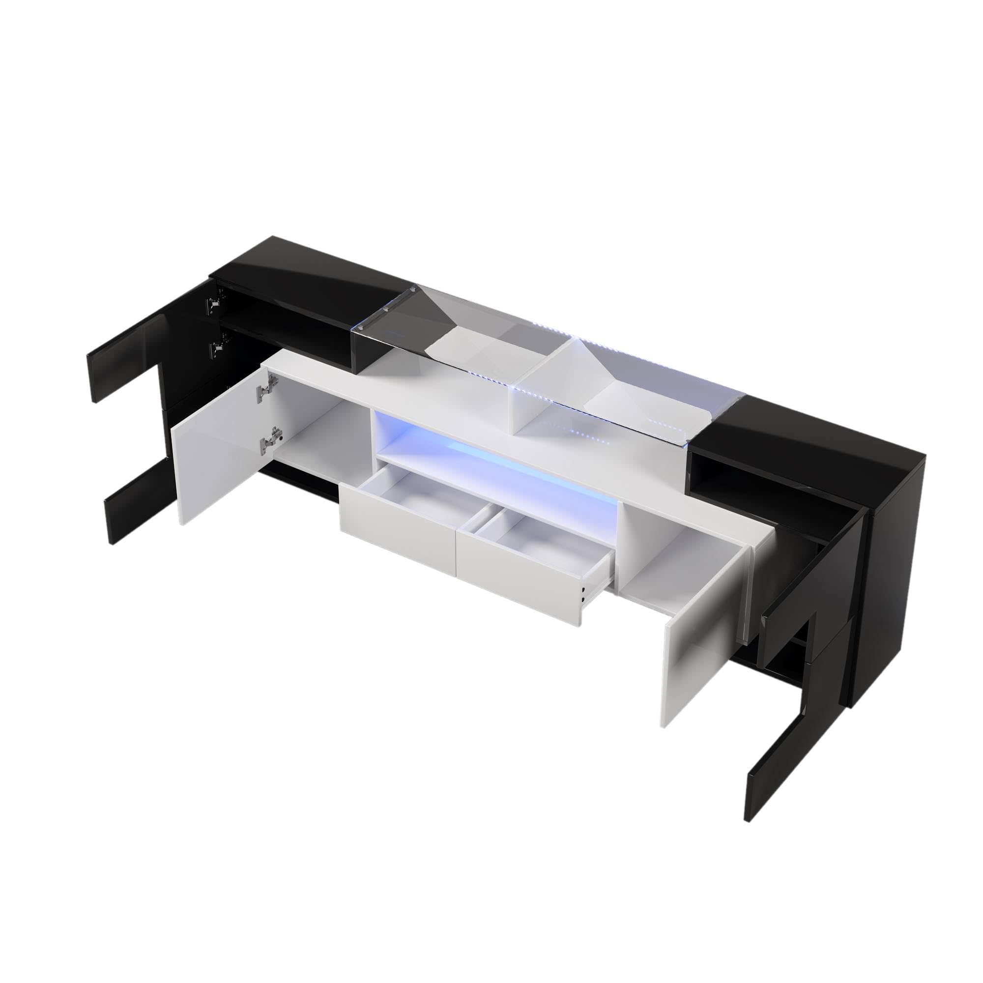Sweiko Meuble TV Bas avec éclairage LED, Commode avec Beaucoup d'espace de Rangement, Forme Unique avec Surfaces en Verre, Design Moderne (Black, 200 L x 35 B x 60 H)