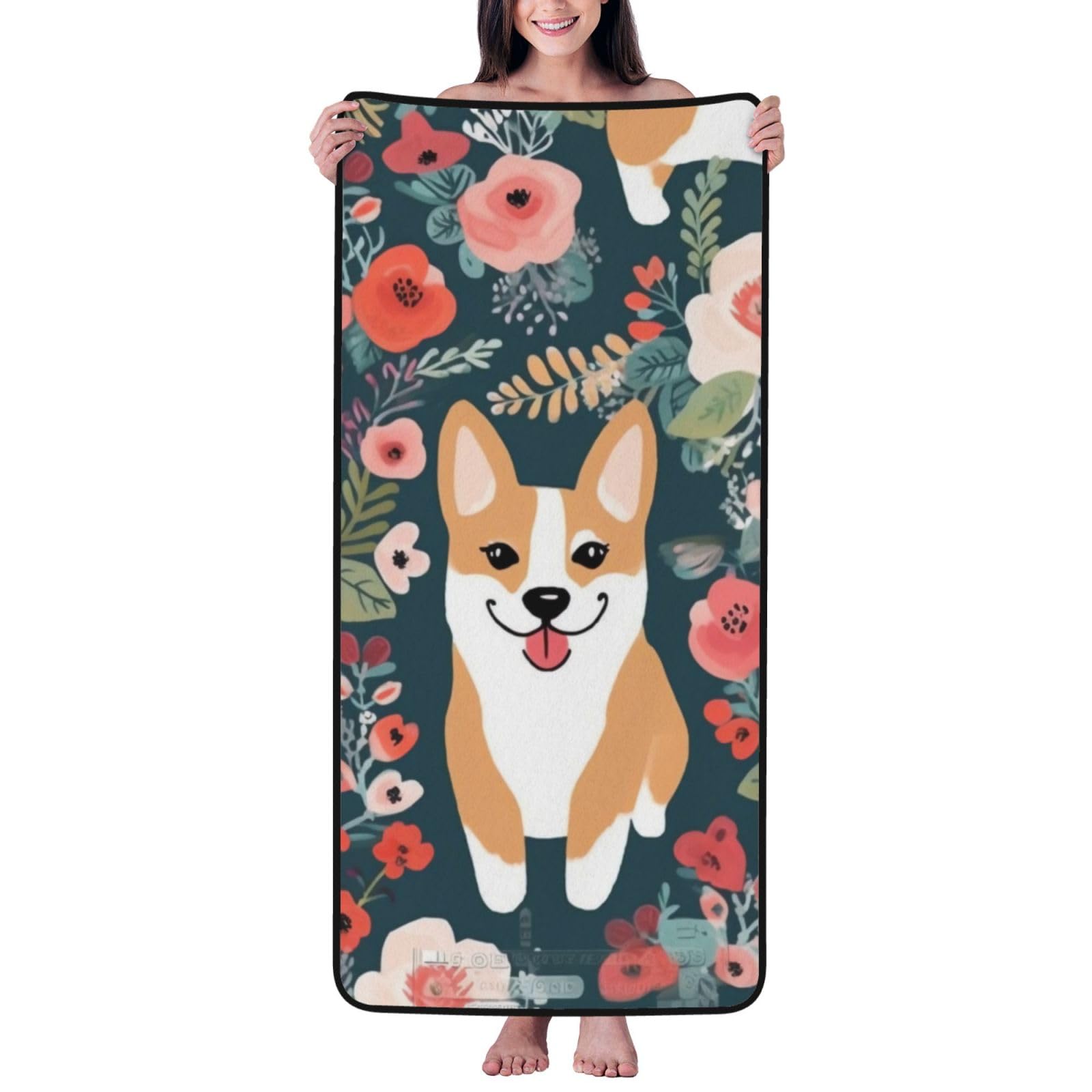WPKJU Corgi Floral Flowers Printed Bath Towel with Black Edging - 27x55 in Soft Extra Absorbent Coral Velvet Shower Towels for Bathroom
