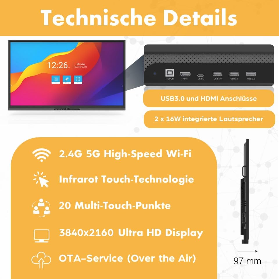 polyboard - Interaktives Whiteboard 65 Zoll (3840x2160 UHD) 2.4G WiFi - Digitales Smart-Board Klassenzimmer, Homeschooling, Präsentation & Meeting - All-in-One Flipchart Monitor mit Touch-Screen
