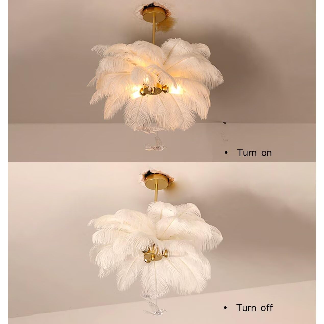 Weiße Straußenfeder-Pendelleuchte Feder-Deckenleuchte Feder-Lampenschirm Kronleuchter Feder-Pendellampe Deckenlampe Deckenbeleuchtung für Schlafzimmer, Wohnzimmer