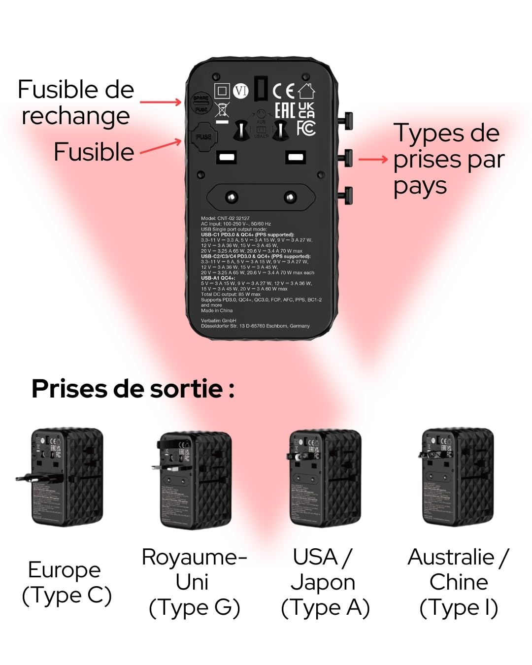 Verbatim CnT-02 Universale Nero Ac Ricarica Rapida Interno (verbatim Charge N Travel Dmnd 85w CnT-02)