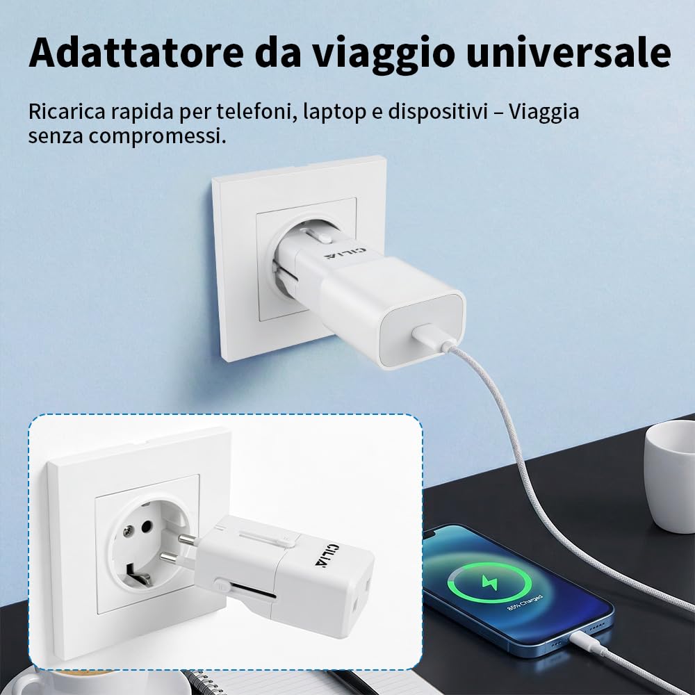 CILIA Adattatore Universale da Viaggio Presa Internazionale 150+ Paesi Spine US/UK/EU/AUS Compatto Bianco 2PCS