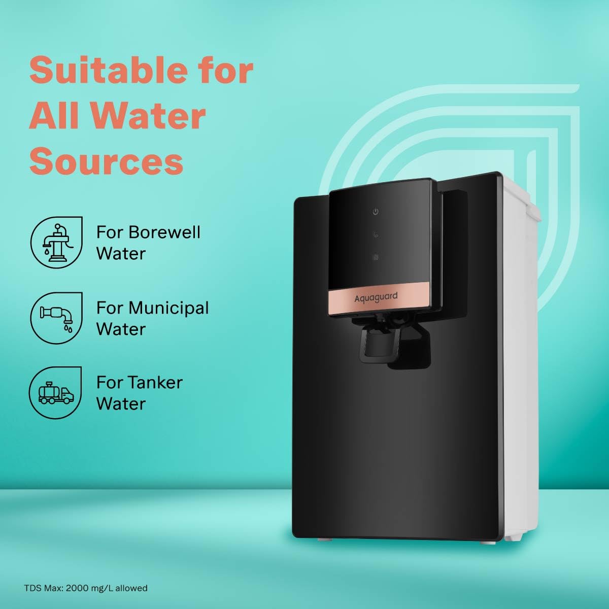 Graphic depicting UV-E Boiling Technology with water splashes and glowing UV light, stating 'Get Purity Equal To Over 20 Minutes Of Boiled Water'.