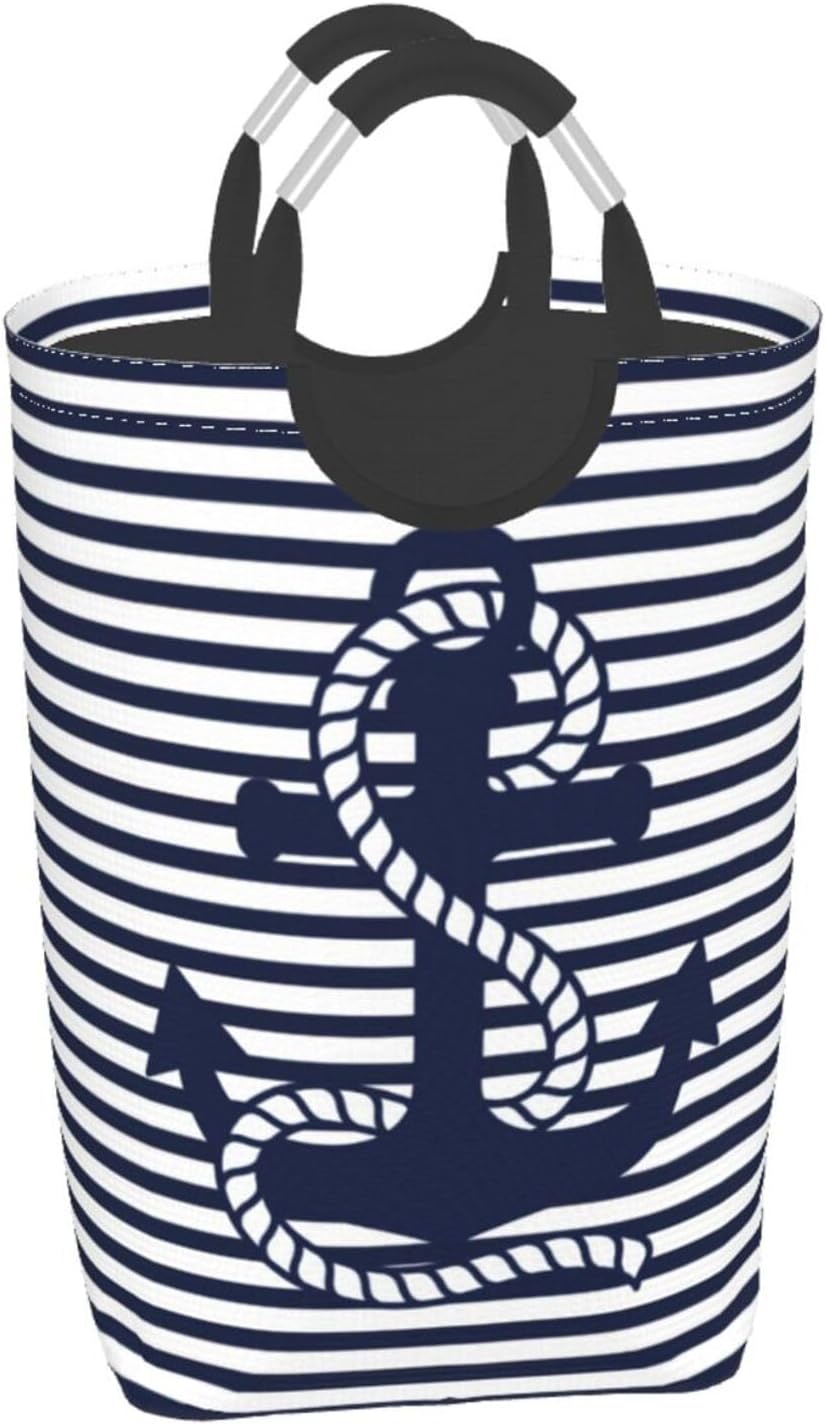 Large Laundry Basket, Nautical Navy Blue White Stripes and Blue Anchor Laundry Hamper Bag Collapsible Washing Bin With Handles for College Dorm, Family Essentials Storage