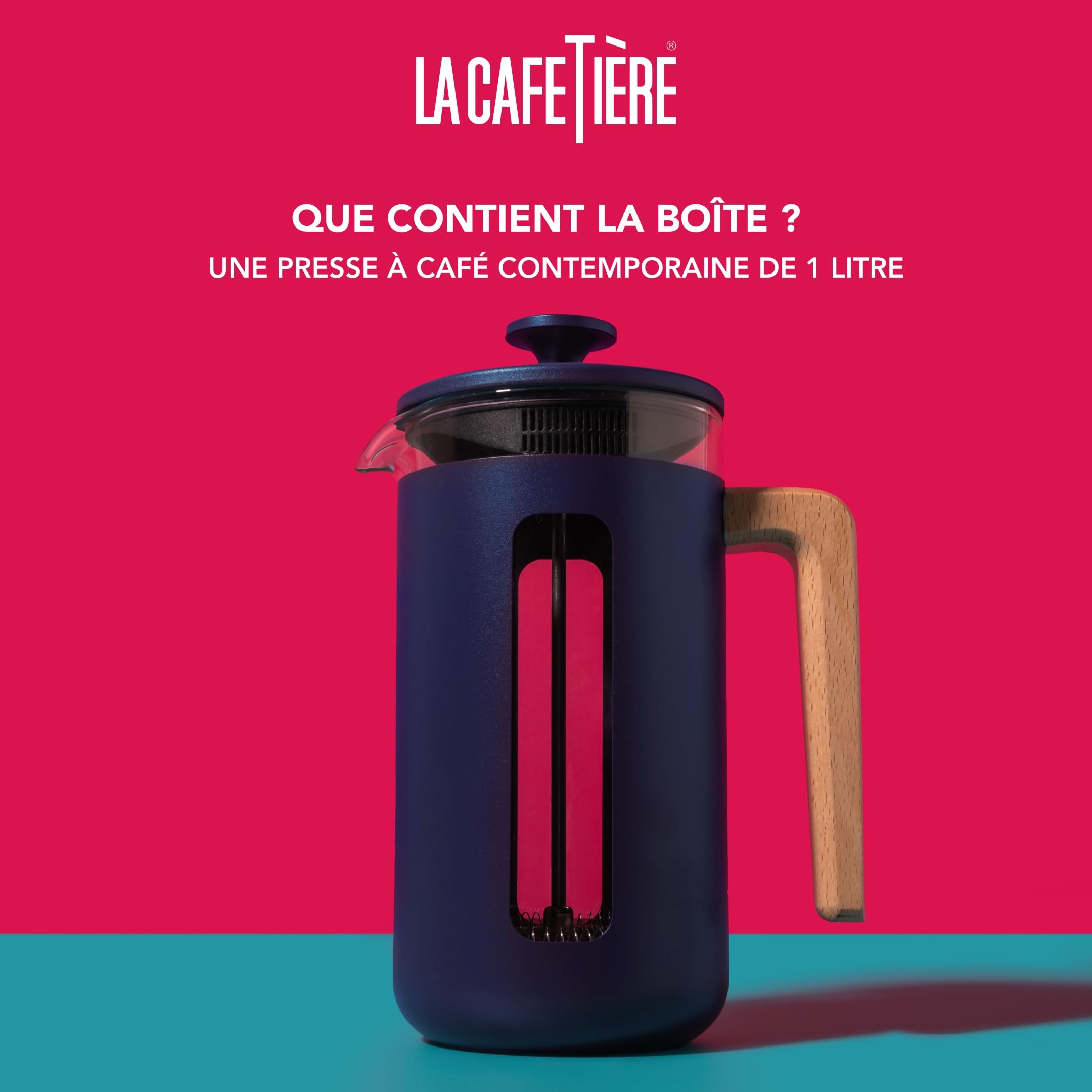 La Cafetière Pisa Cafetière, 8 tasses/1L, verre borosilicate résistant à la chaleur et acier inoxydable avec piston facile à saisir, grande cafetière à piston pour thé en vrac et café moulu, marine