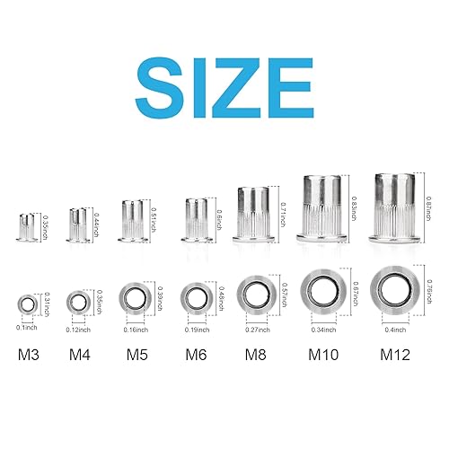 Vista 23 de Tuercas de remache, 50 piezas de 5/16 "-18 UNC, tuerca de inserción roscada de cabeza plana de acero al carbono, tuercas de cuerpo moleteadas