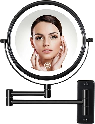 Qiounlse Espejo de maquillaje montado en la pared, 10 veces, espejo Majnifying negro de 8 pulgadas, pantalla táctil regulable, carga USB, espejo de