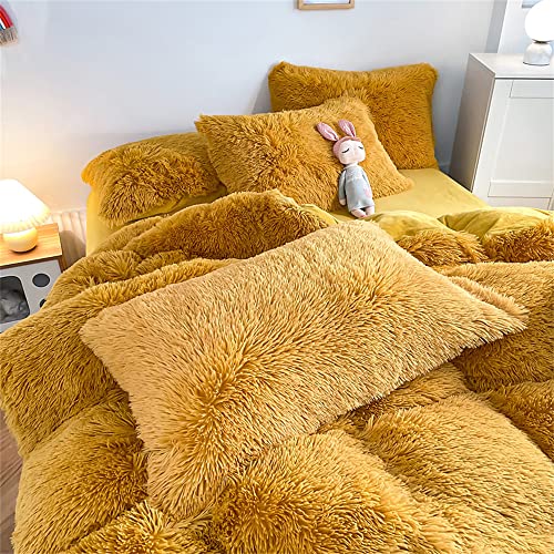 Chovy Faux Fur Plush Ginger Yellow Comforter Sets King - Ultra Soft Shaggy Flannel Velvet Fluffy Fuzzy 3Pc Bedding Set （Comforter X 1 Pillowcases X 2） #TOP4