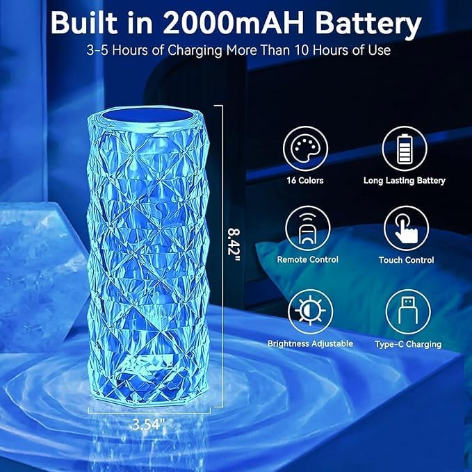 Image of Crystal LED Table Lamp Night Lights Remote & Touch Sensor, USB Rechargeable, 16-Color Changing Lamp for Bedroom, Living Room, or Study (Diamond-Multi)