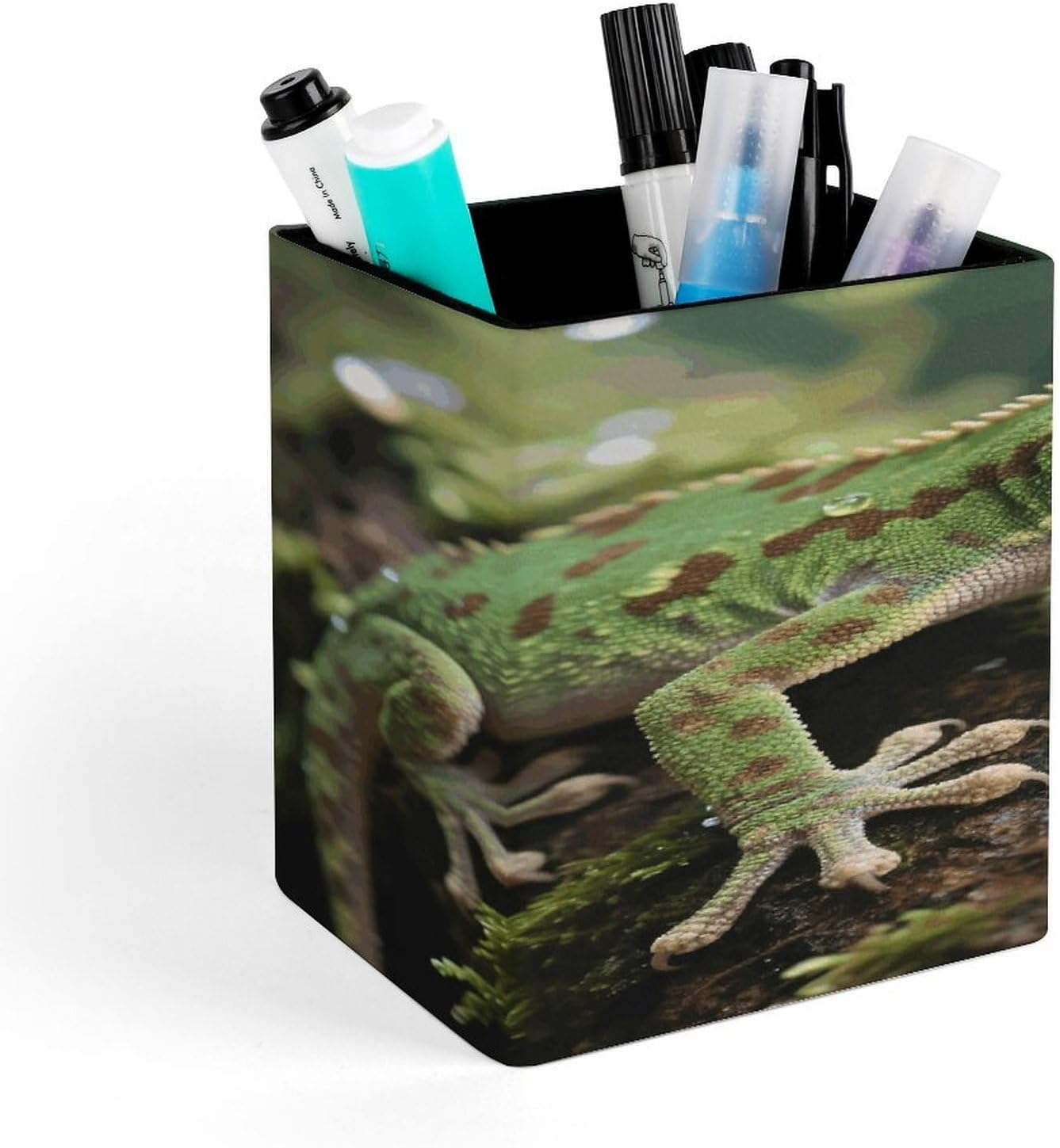 Crested Gecko PU Leather Pen Holder Square Desktop Organizer Waterproof & Non-slip Office Supply Storage Box for Home Vanity Professional Workspace