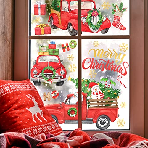 Yovkky Merry Christmas Red Truck Window Clings 9 Sheets, Xmas Tree Farm Car Stickers Decal Decor, 2023 New Year Farmhouse Vintage Holiday Snowman Santa Claus Gift Home Kitchen Decorations #TOP2