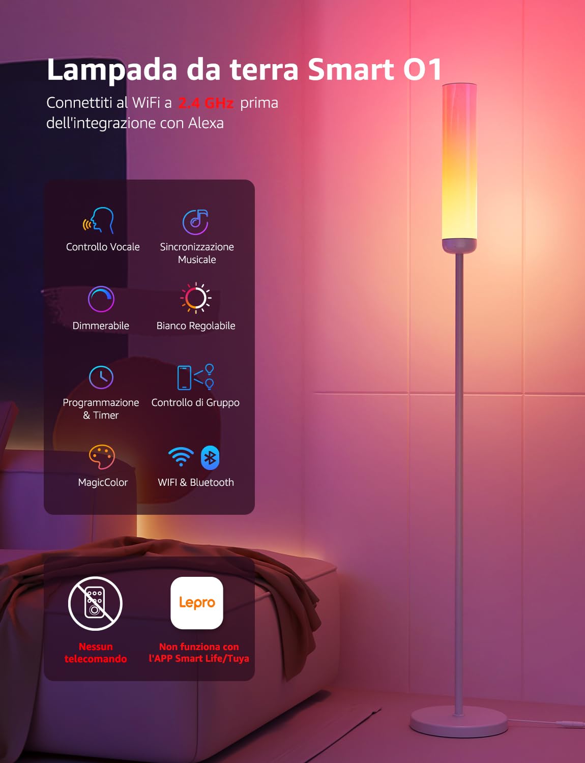 Lepro O1 AI Lampada da Terra,Piantana Moderna per Soggiorno,Musica Sincronizzazione per Festa,Gaming,TV,Compatibile Alexa/Google Home,Progettista Illuminazione AI Personalizzato,RGBIC,1800 Lumen