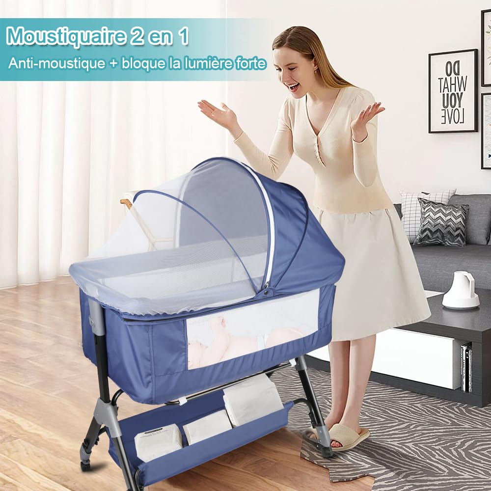 WODFARR Lit Cododo 2 en 1, Lit pour Nouveau-né, 0-6 Mois, 4 Niveaux de Réglage en Hauteur, Berceau Bébé avec Matelas Confortable, Couffin, Moustiquaire (105x52x103-115 cm - Bleu Marine)