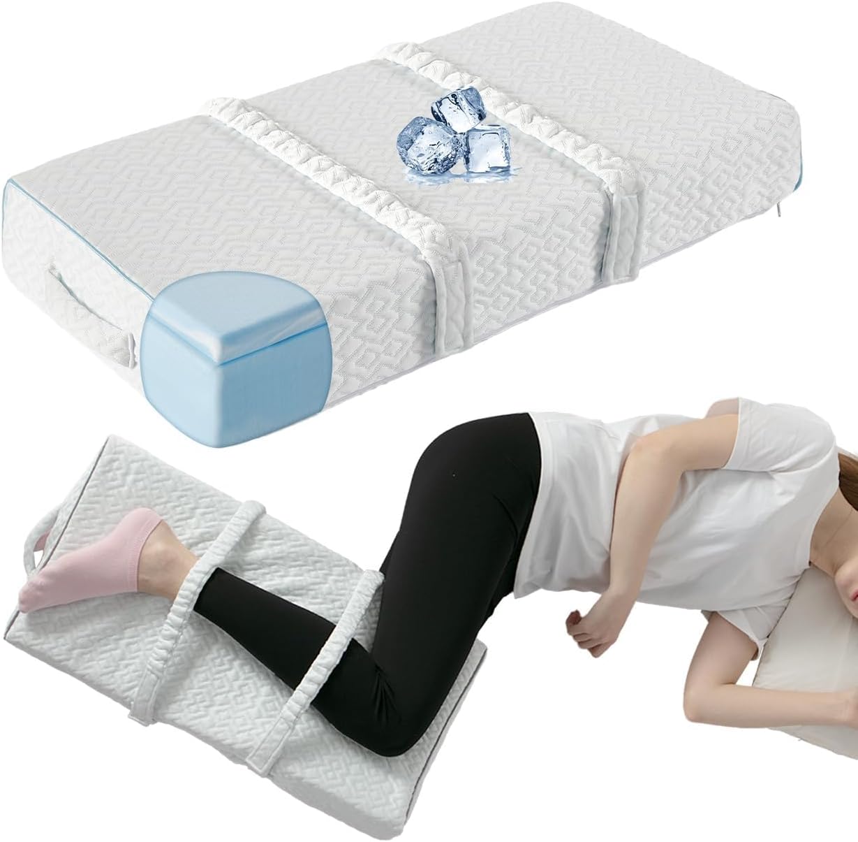 LOFE Cool Knee Pillow for Side Sleepers Hip Pain 4in, Adjust Leg Pillow for Multi-uses, CertiPUR-US Memory Foam Knee Pillow for Side Sleeper, Leg Pillow for Side Sleeping with 2 Straps, White