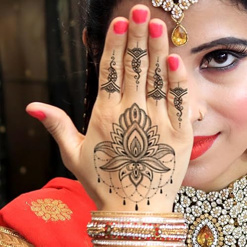 Miniatura 6 de PPVWEY 10 hojas de calcomanías temporales de henna de henna 5P negro + 5P marrón, calcomanías de tatuaje para mujeres, calcomanías de arte corporal