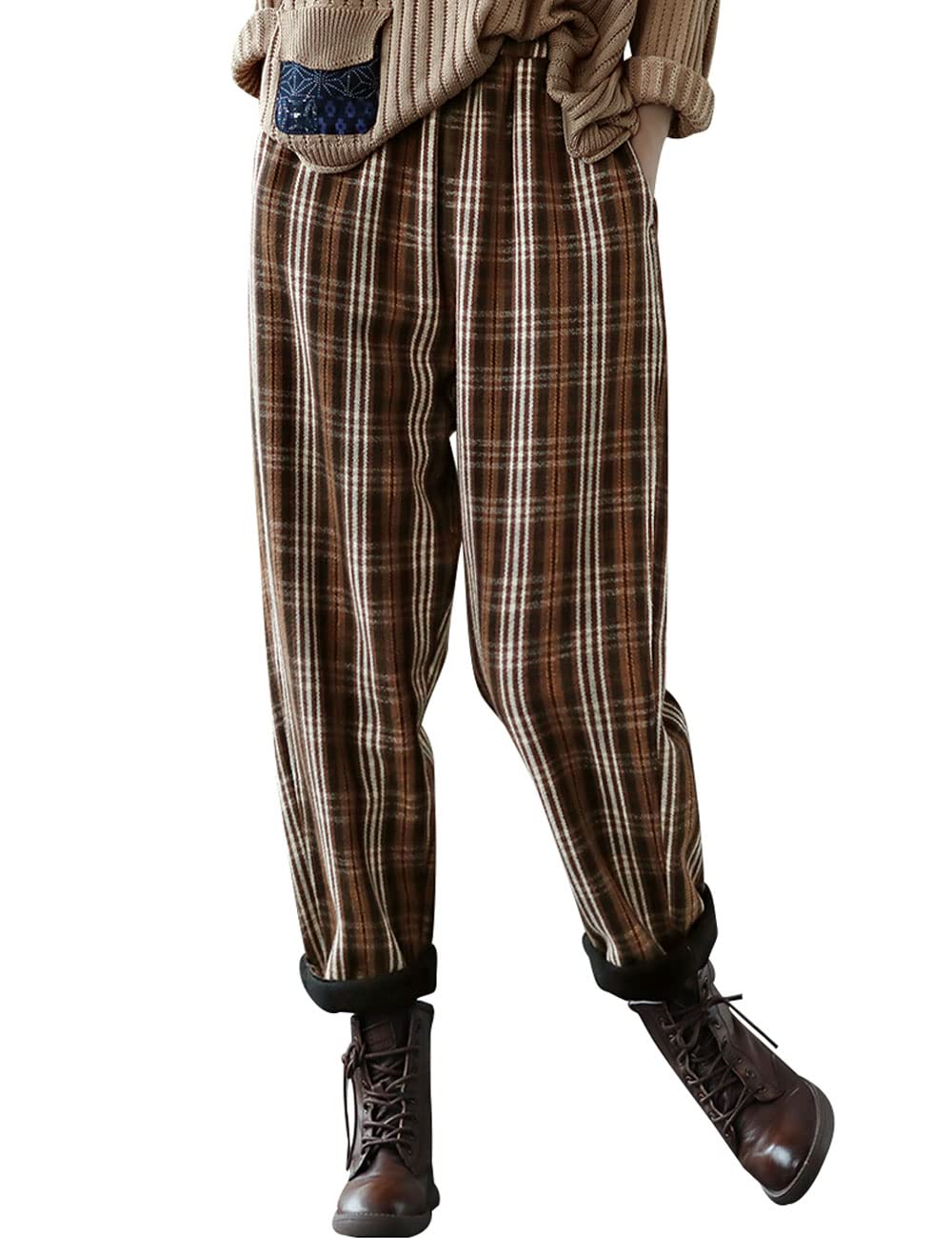 Bigassets Women's Elastic Waist Plaid Fleece Trousers with Pockets White
