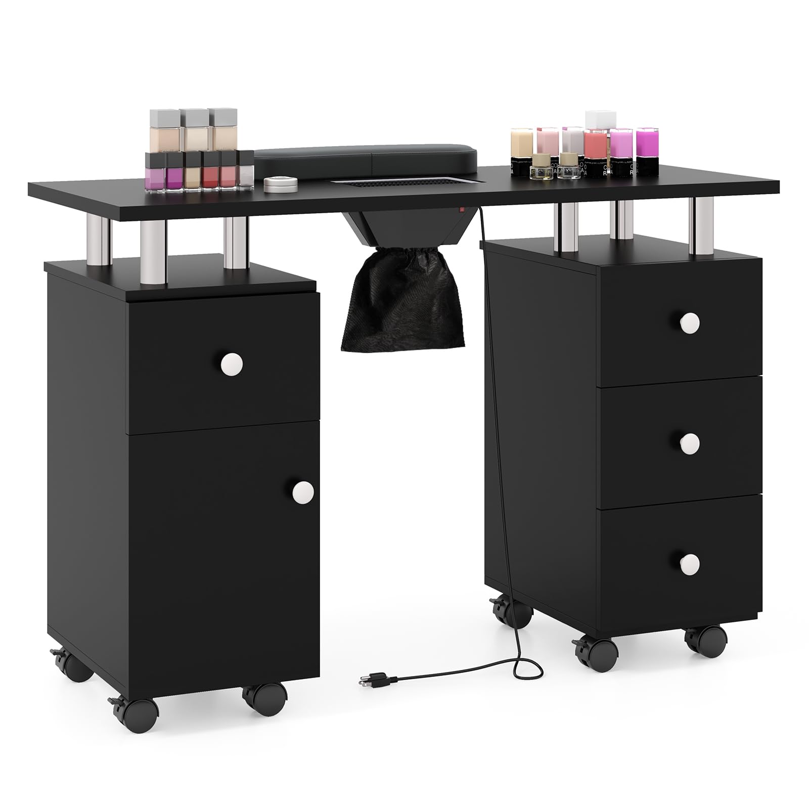 COSTWAY Tavolo Manicure con Aspirapolvere, Tavolo Unghie con Cassetti, Spina, 3 Sacchetti, Armadietto, Cuscino Poggia Polso e 8 Ruote blocabili, Banco Ricostruzione Unghie in Legno (Nero)