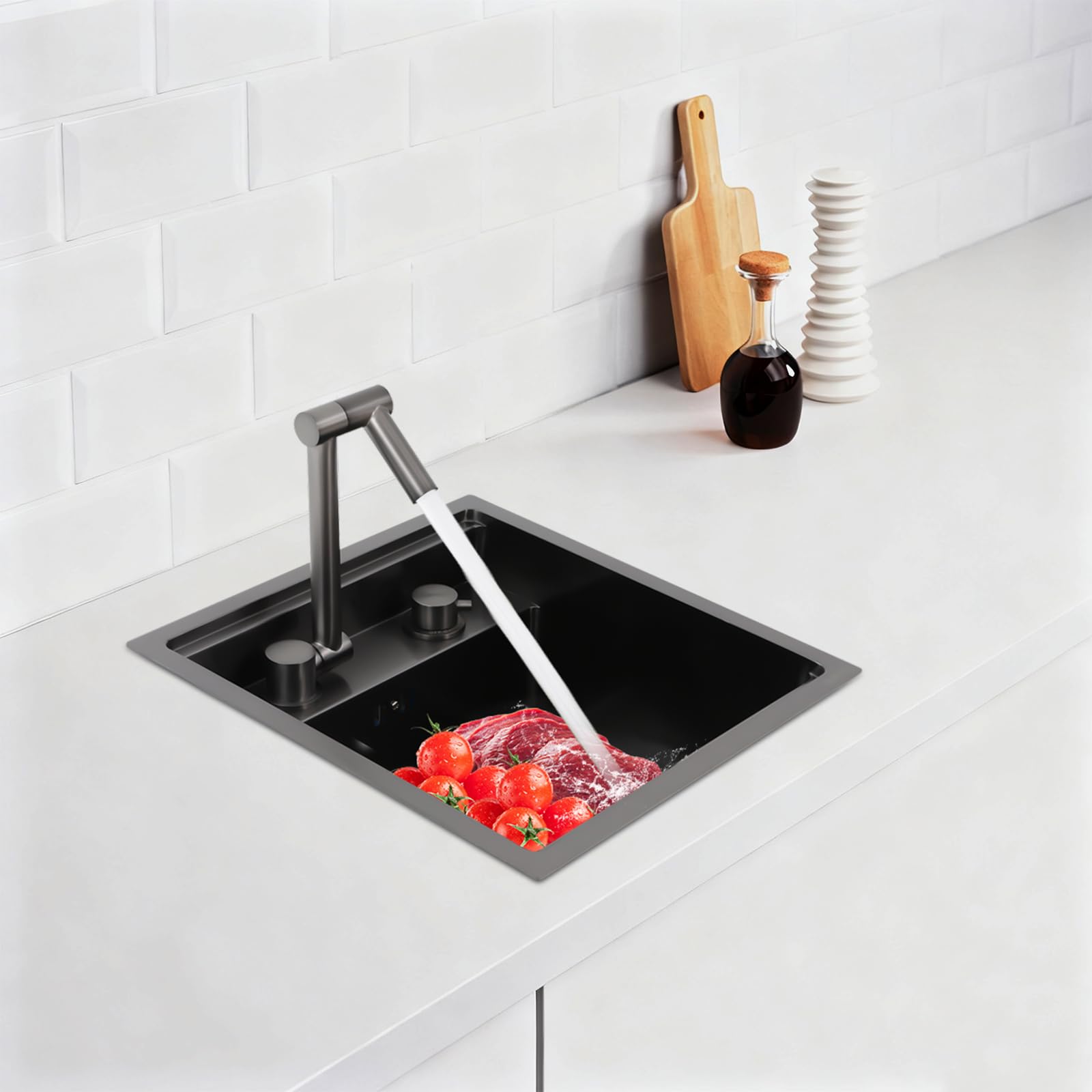 Lavabo de Cocina en Acero Inoxidable 304 con Nanocubrimiento, Fregadero de Encimera con Tapa y Grifo Cerámico, Bajo y Filtro Antiatascos para Cocinas, Bares y Cafeterías, 43x39x23 cm, Negro