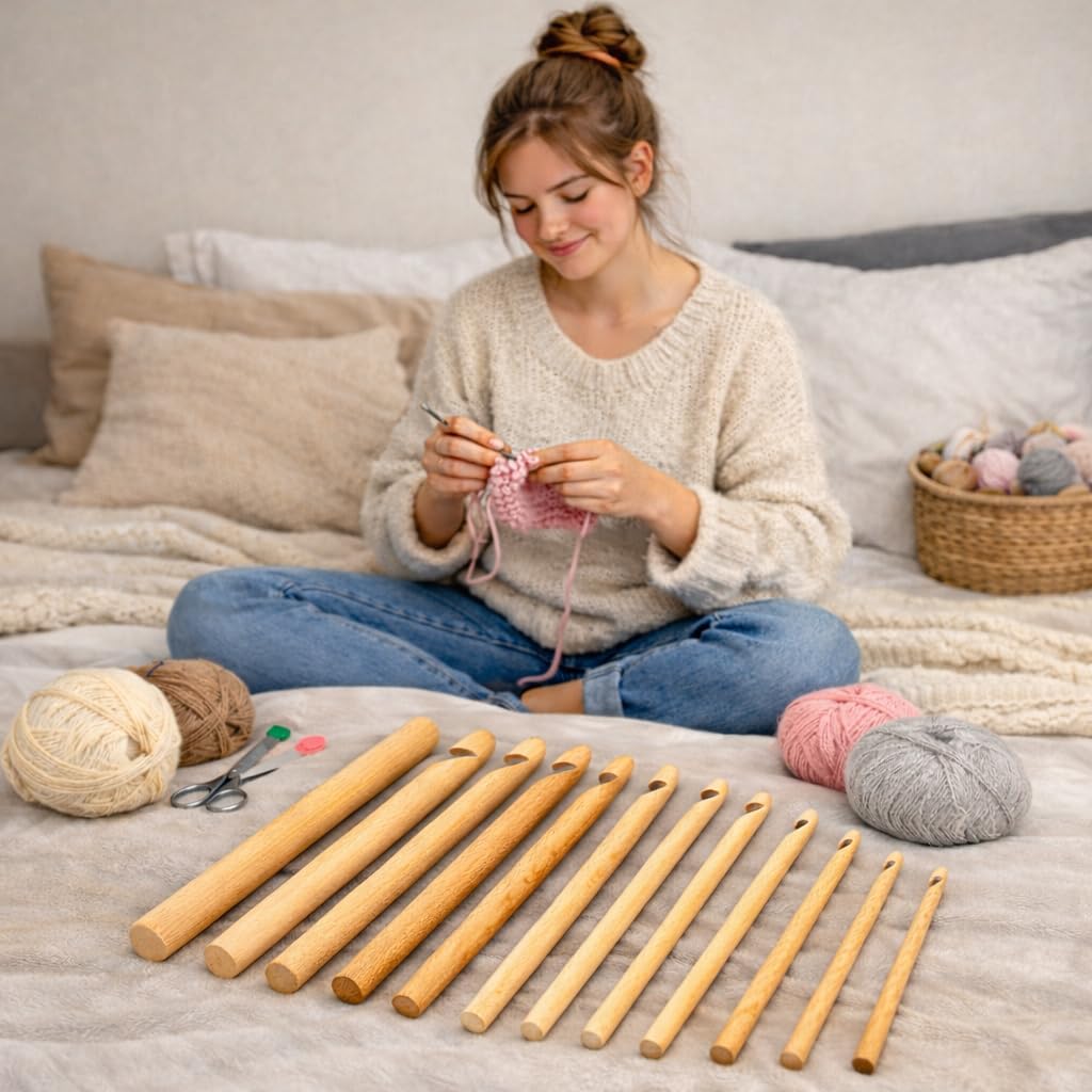 NAGINA SHILP Craft Eska Handcrafted Wooden Crochet Hook Set (6 Inch) – Ergonomic Smooth Handle Crochet Hooks for Knitting & Yarn Work – Natural Wood Finish (Set of 7 Sizes)-image-12