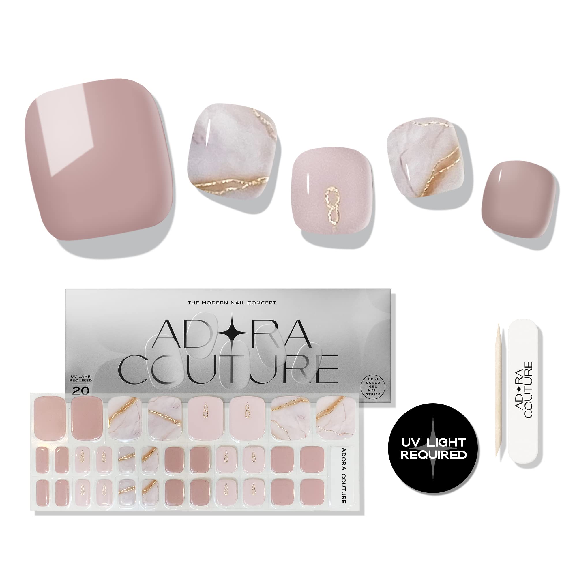 Adora Couture Semi Cured Gel Nail Strips - 32 pcs Gel Pedicure Stickers, Easy to Apply & Remove Toenail Stickers, Salon Quality at Home & Long Lasting