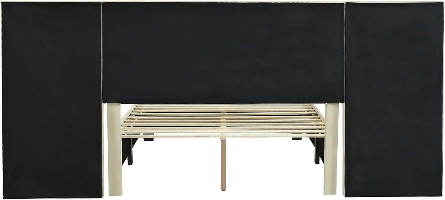 Luxurious Full Bed Frame, Platform Bed with Oversized Upholstered Headboard and 2 Storage Shelves, No Box Spring Required, Comfortable Bedroom Furniture.Beige