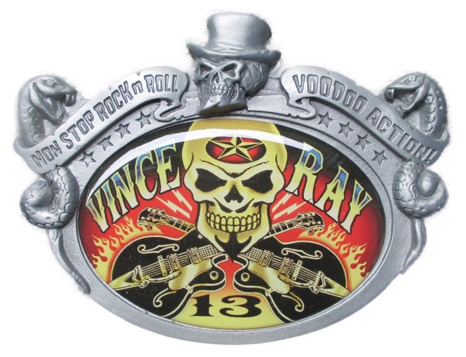 Boucle de ceinture Vince Ray avec guitare et crâne 13 rock roll Hotrodspirit