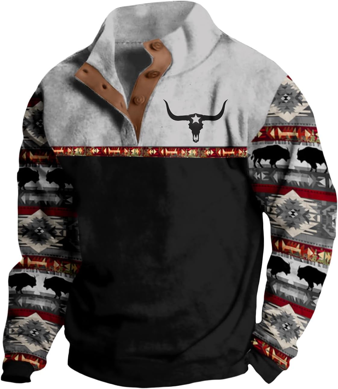 Bengbobar Men's Western Fleece Jacket Cowboy Bull Head Print Pullover 1/4 Zip Stand Collar Long Sleeve Country Sweatshirts
