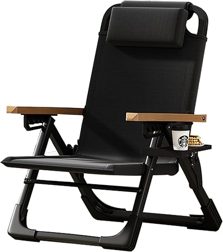 Portable Chairs for Adults, Beach Chair with Reclining Positions, Cup Holder & Headrest, Oxford Folding Chairs for Pool, Patio, Yard(Black,Beech