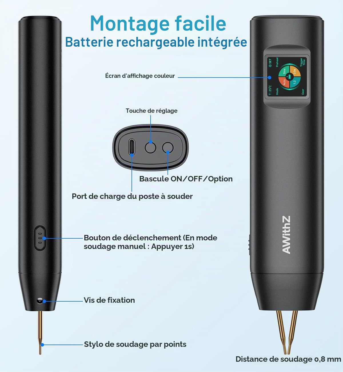 Soudeuse par points portative H2 pour batteries 18650 avec écran LCD de 1,5 pouce, 99 niveaux réglables, modes automatique/manuel, interface utilisateur en 7 langues
