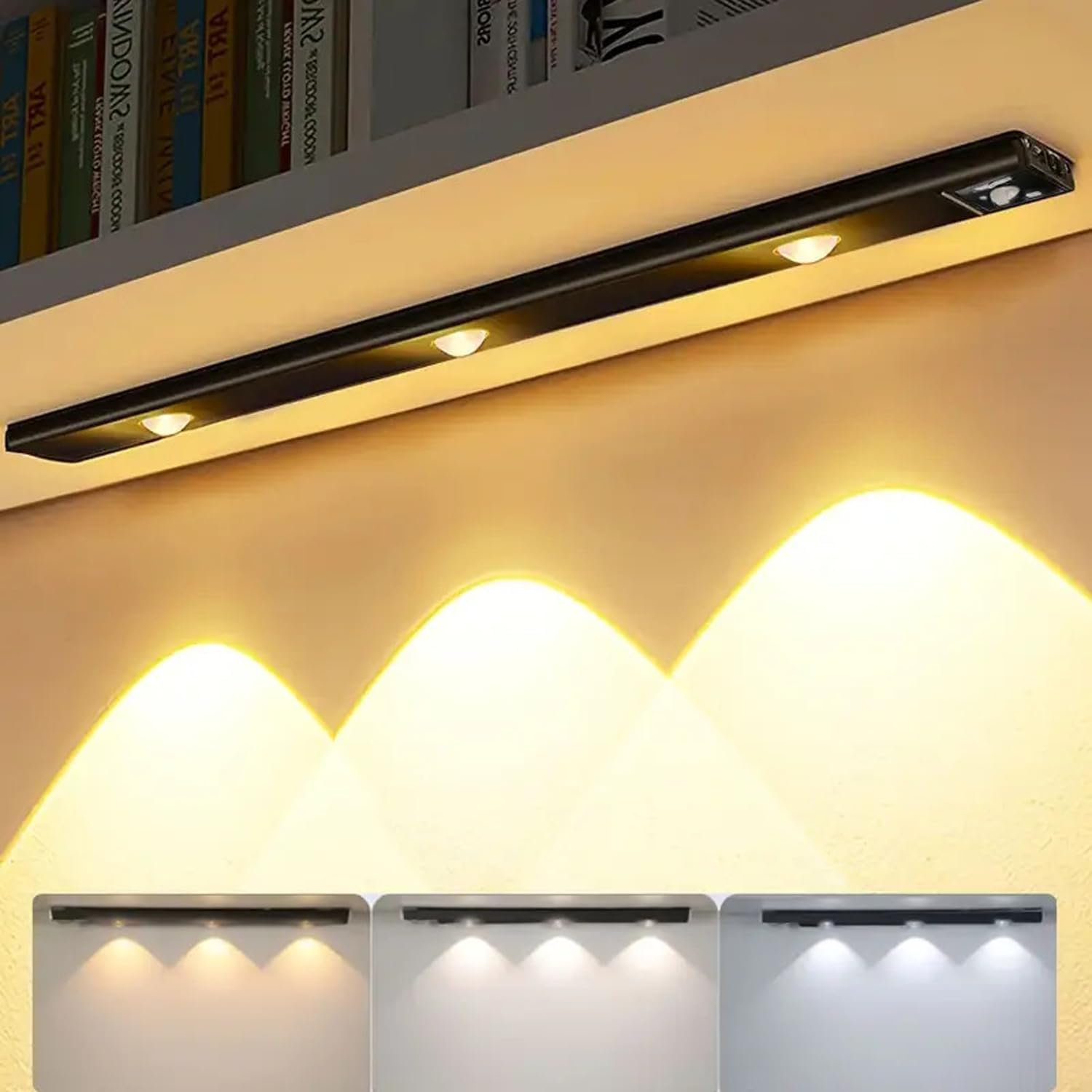 Hamsa Under Cabinet Ultra-Thin Lights, 3 LED Under Cabinet Lighting USB Rechargeable Closet Light,Hill Effect Under Counter for Kitchen Wardrobe Stairs Bedroom (White) (Black)-image-39
